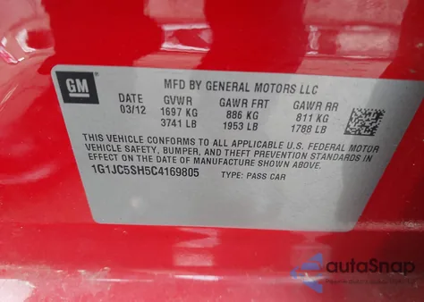 2012 Chevrolet Sonic 2Lt from USA, damaged, VIN 1G1JC5SH5C4169805